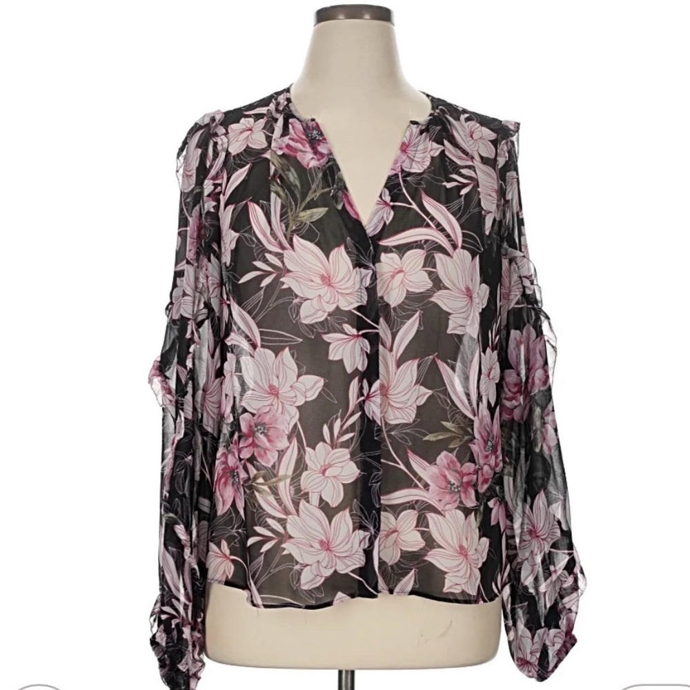 White House Black Market Black Sheer Blouse with Pink Floral Print